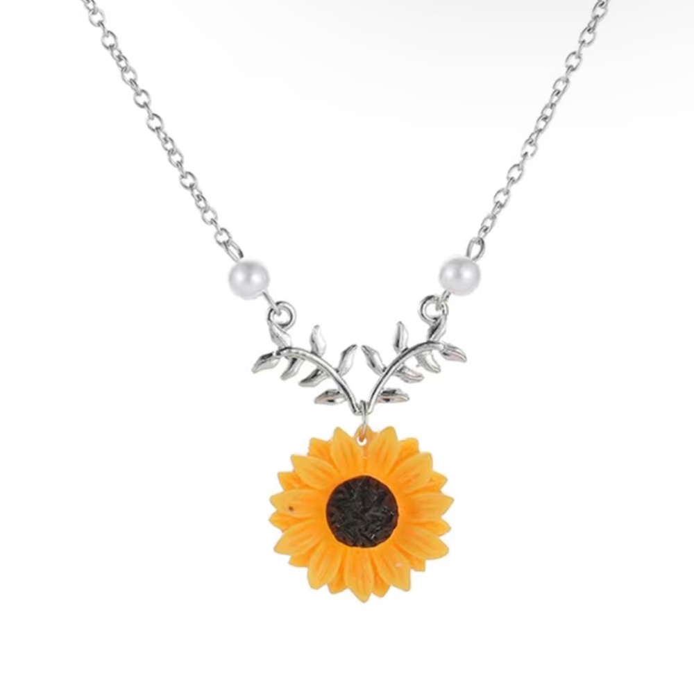 Gorgeous silver plated pearl acrylic sunflower necklace faux‎ fashion jewelry